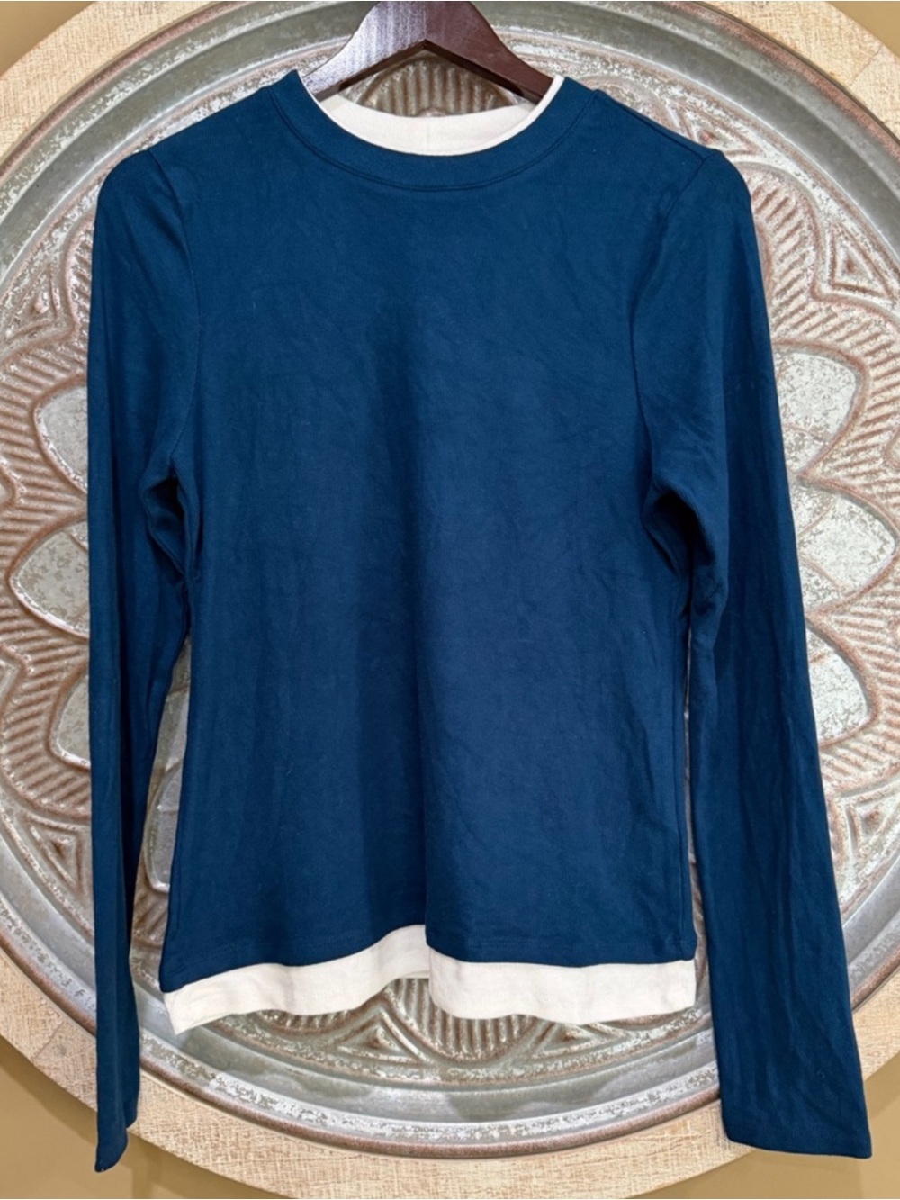 nine britton Navy Long Sleeve Tee with Cream layering super soft